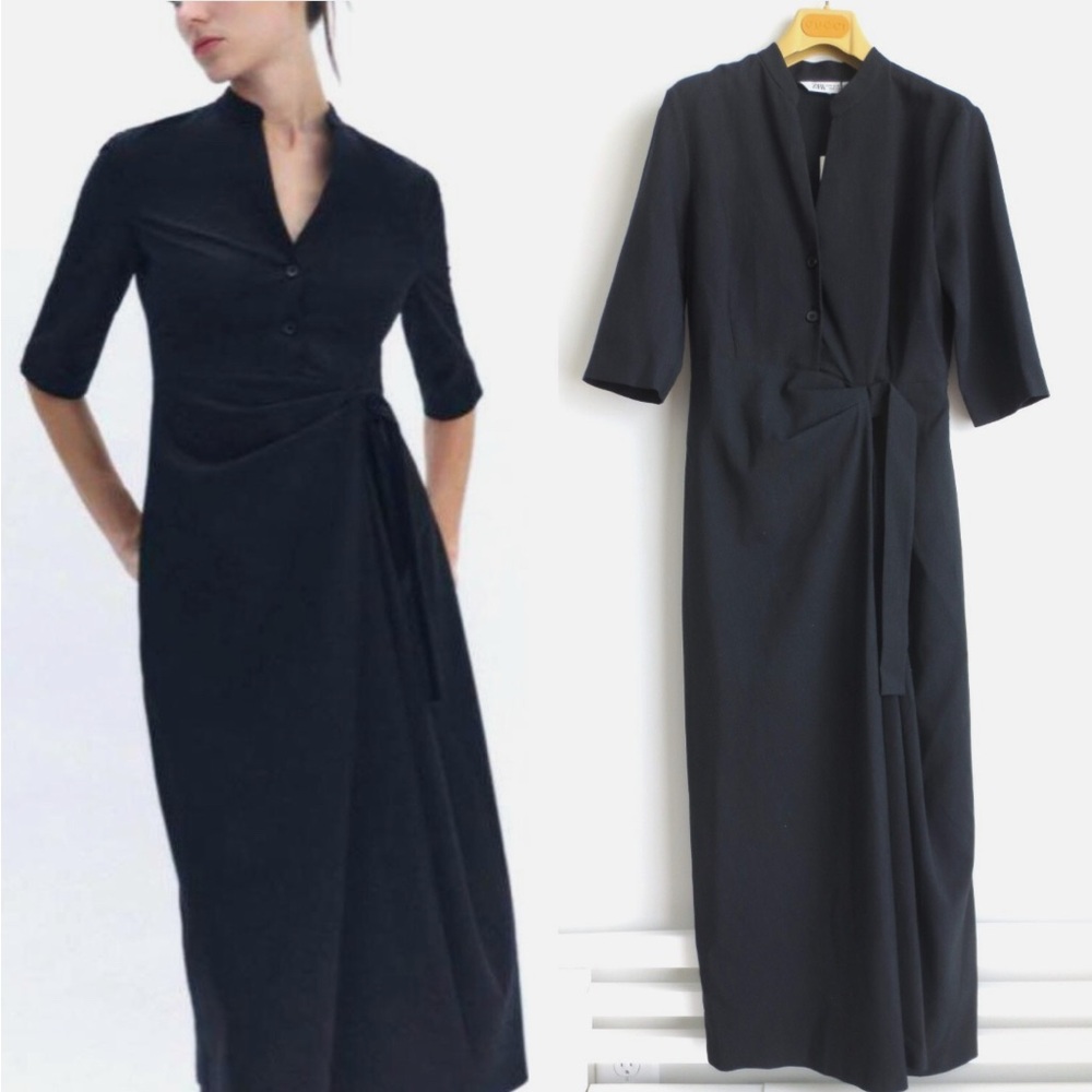 Zara Elegant Black Faux Wrap Shirt Dress NWT